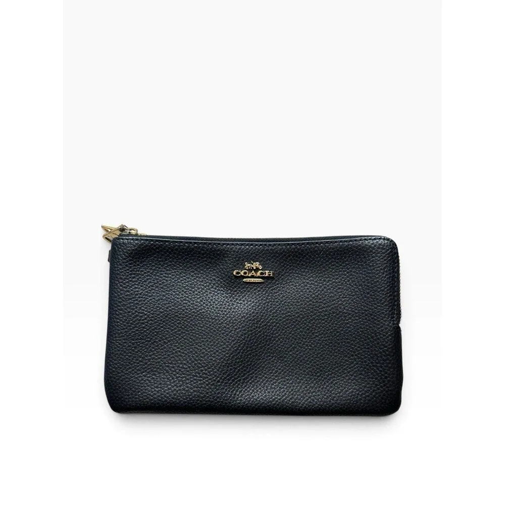Coach Black Double Zip Wallet Black Pebble Leather with Gold Hardware